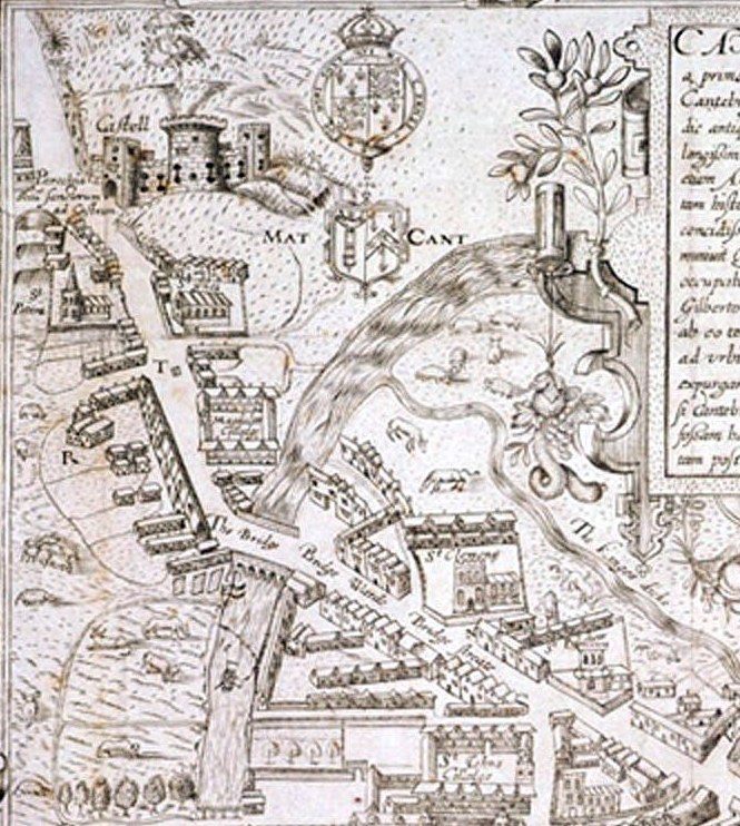 Detail of Richard Lyne's 1574 map of Cambridge showing the castle, the bridge, St Clement's church and the King's Ditch