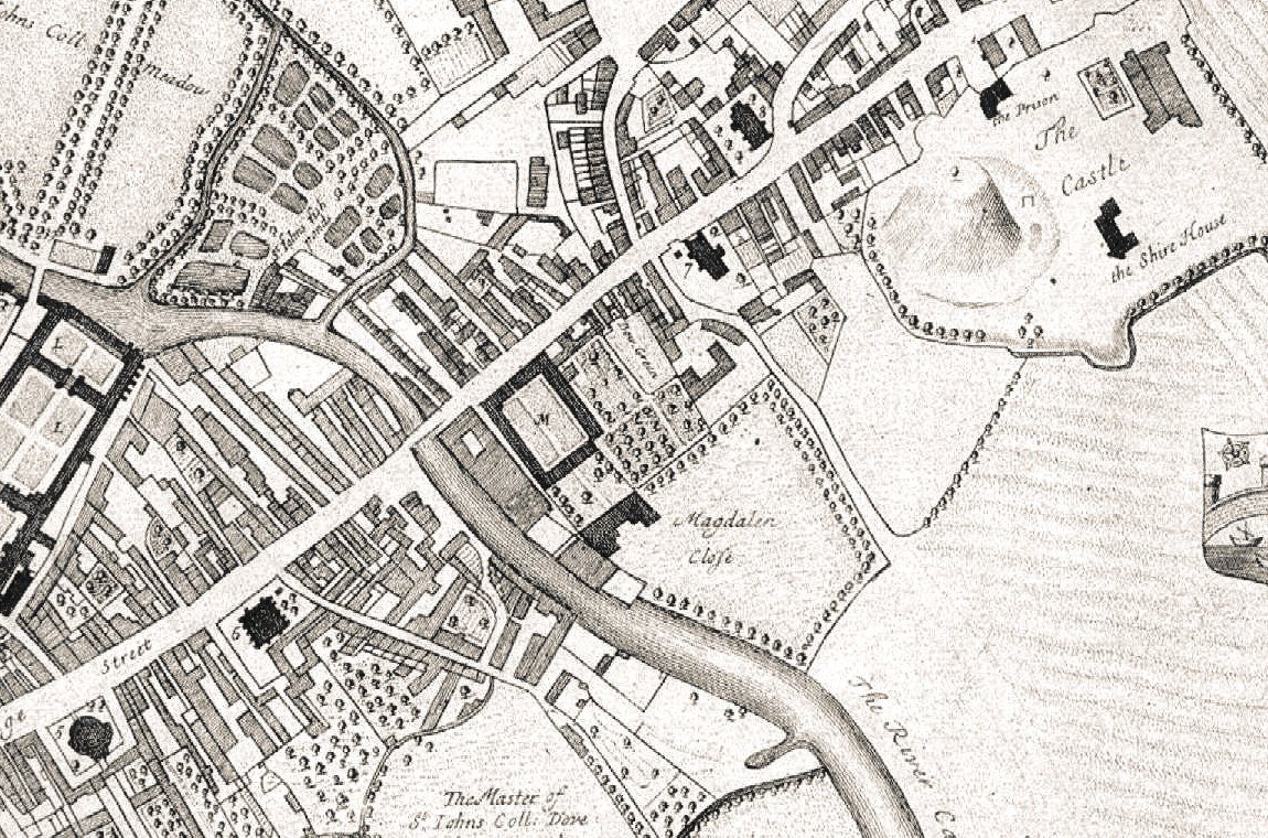 Detail of David Loggan's map of Cambridge dated 1688 showing Bridge Street, the bridge, Magdalen College, the castle and the river