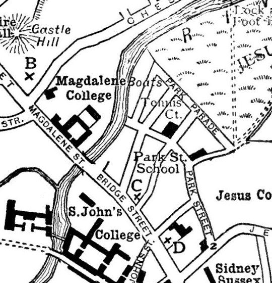 Detail of a 1910 map of Cambridge showing Magdalene Street, Bridge Street, Magdalene College, Park Street School and the word Boats beside the river